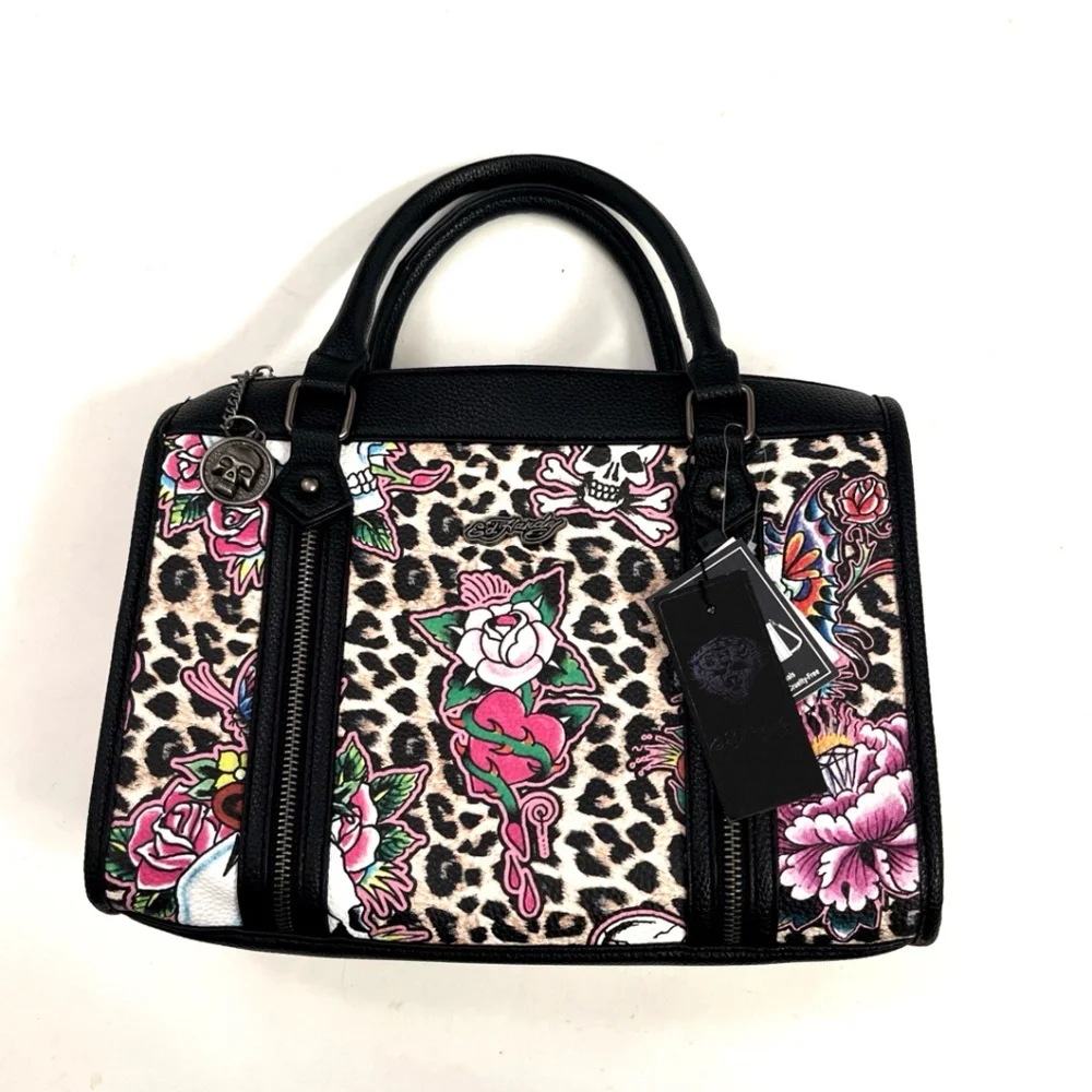 Ed Hardy Skull Leopard Tattoo Satchel Bag Roses Crossbody Handbag NWT